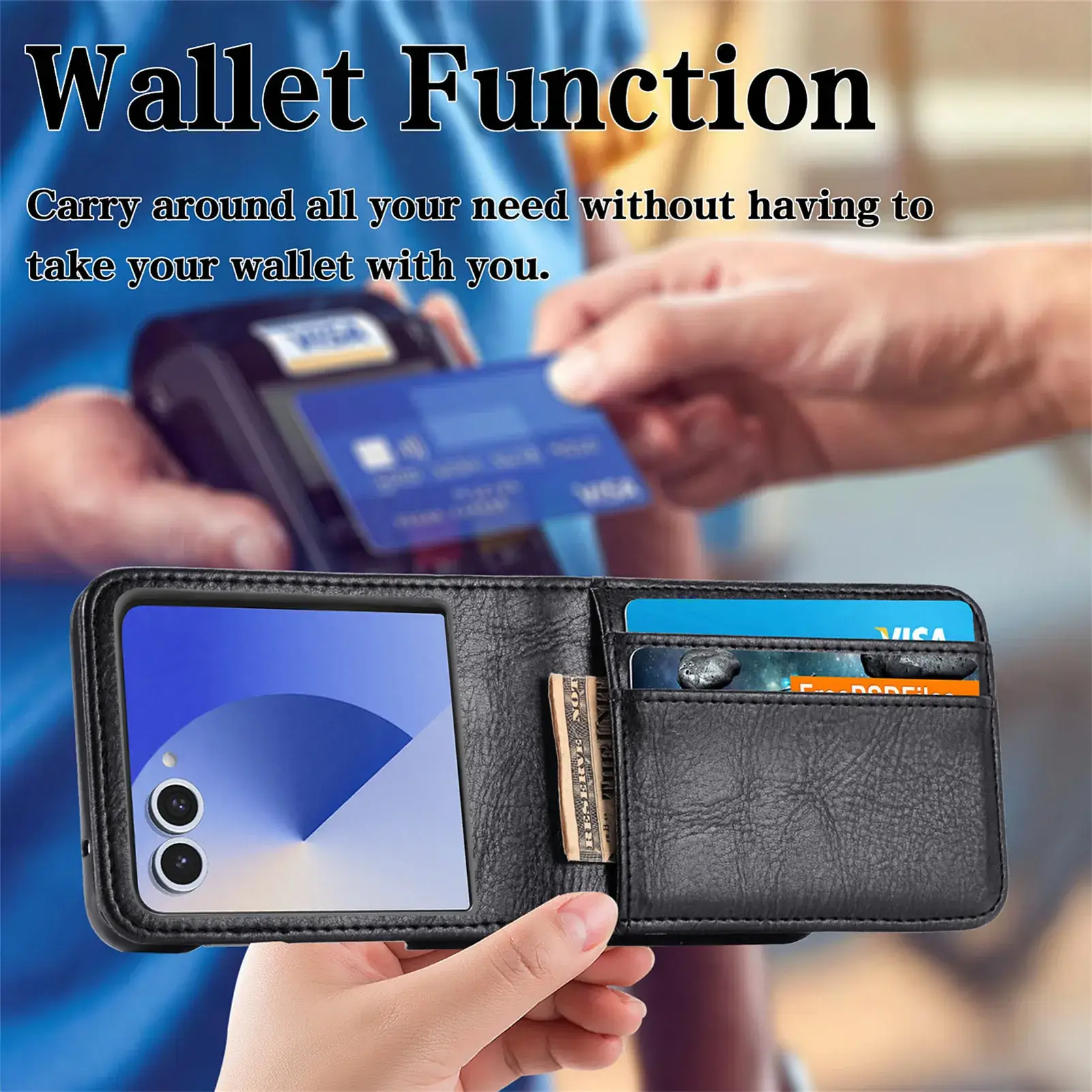 Black Leather Stacked Mobile Phone Case with Wallet Function - Image 7