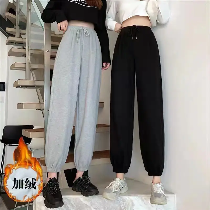 Fleece Lined Black Harem Pants Mid Waist Ankle Tie