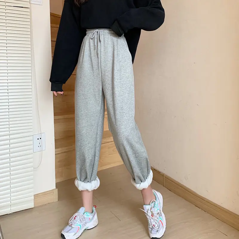 Fleece Lined Black Harem Pants Mid Waist Ankle Tie