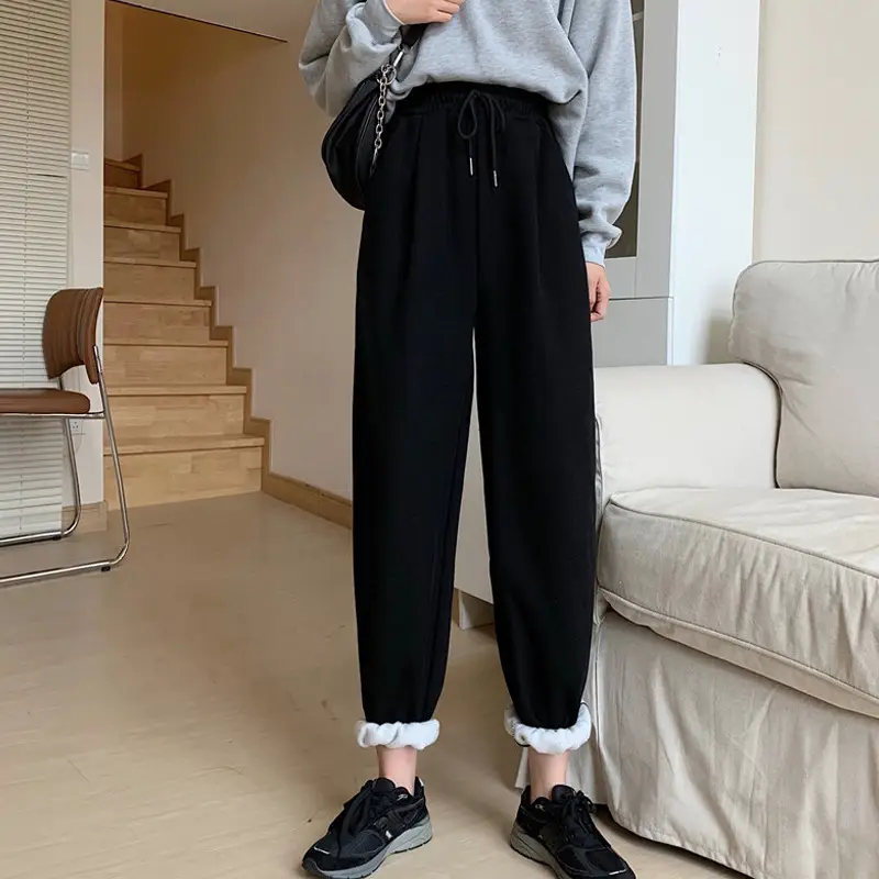 Fleece Lined Black Harem Pants Mid Waist Ankle Tie