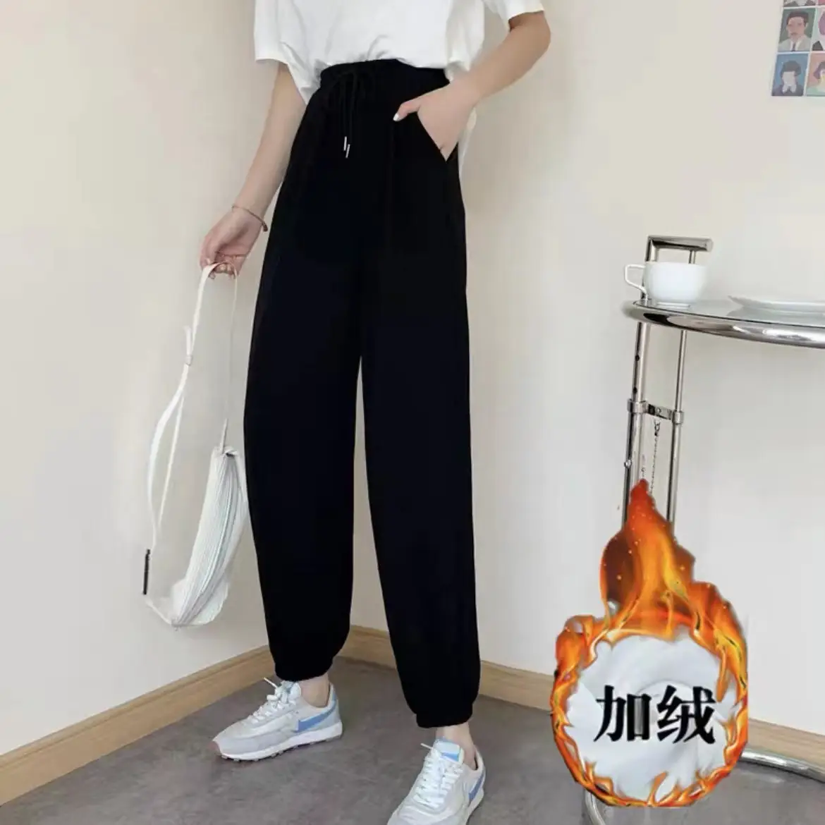 Fleece Lined Black Harem Pants Mid Waist Ankle Tie