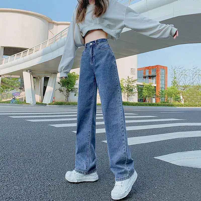 Women Jeans 2021 New Retro High Waist Slimming Straight Loose Draped Vibe Style Wide Leg Floor Trousers
