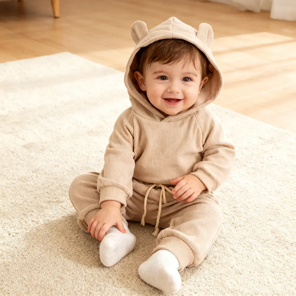 Baby Hooded Sweatpants Set Brown New Autumn - Image 6