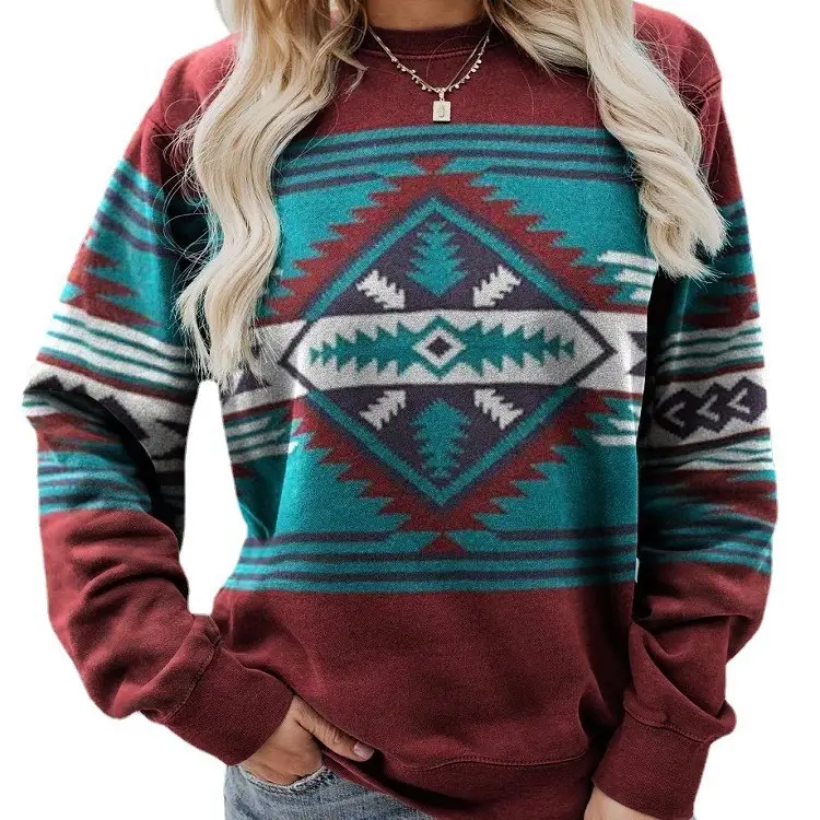Women's 2021 Geometric Print Sweater Maroon Teal - Image 2