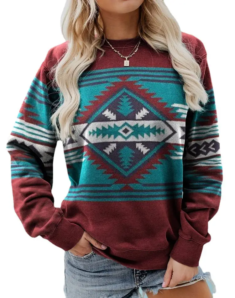 Women's 2021 Geometric Print Sweater Maroon Teal - Image 5