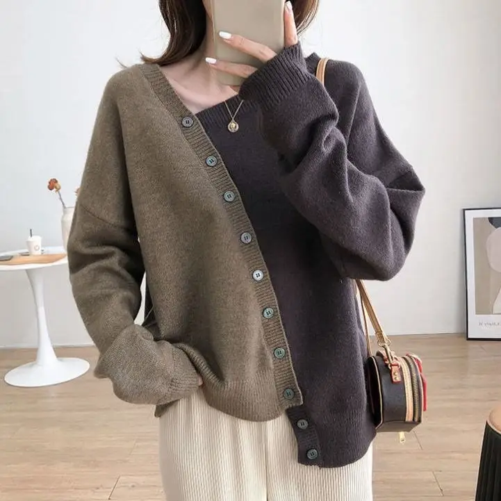 Women Knitted Slant Placket Sweater Gray Blue - Image 2