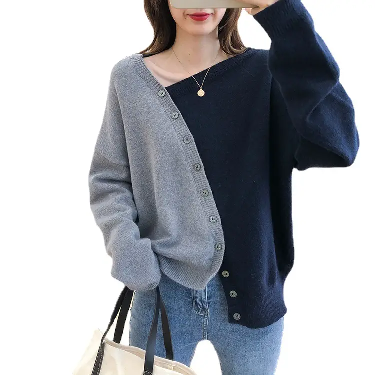 Women Knitted Slant Placket Sweater Gray Blue - Image 5