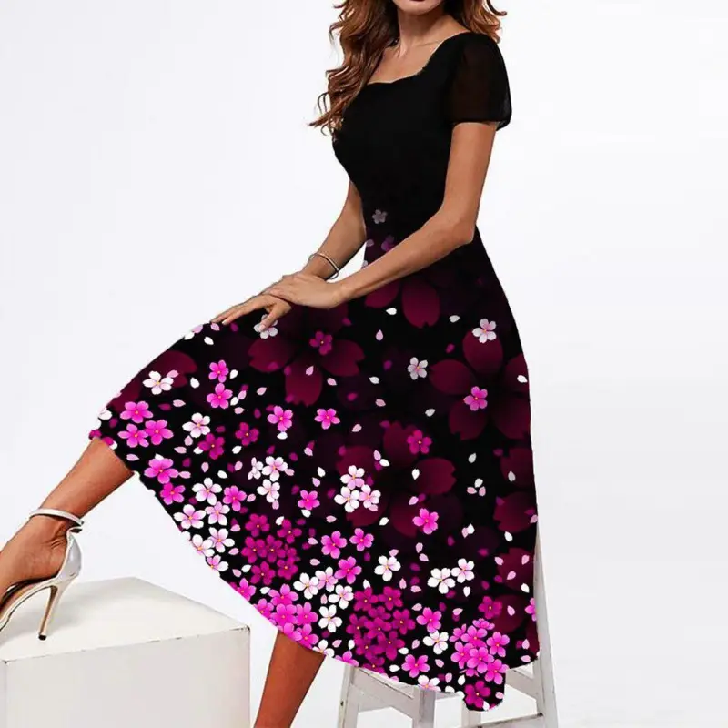 2021 Floral Print Midi Skirt Black with Pink White Flowers - Image 2