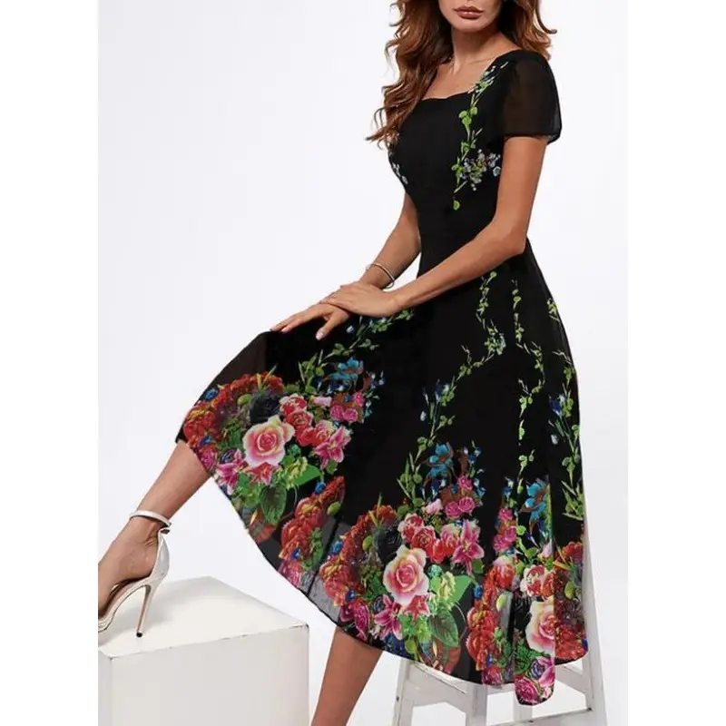 2021 Floral Print Midi Skirt Black with Pink White Flowers - Image 4