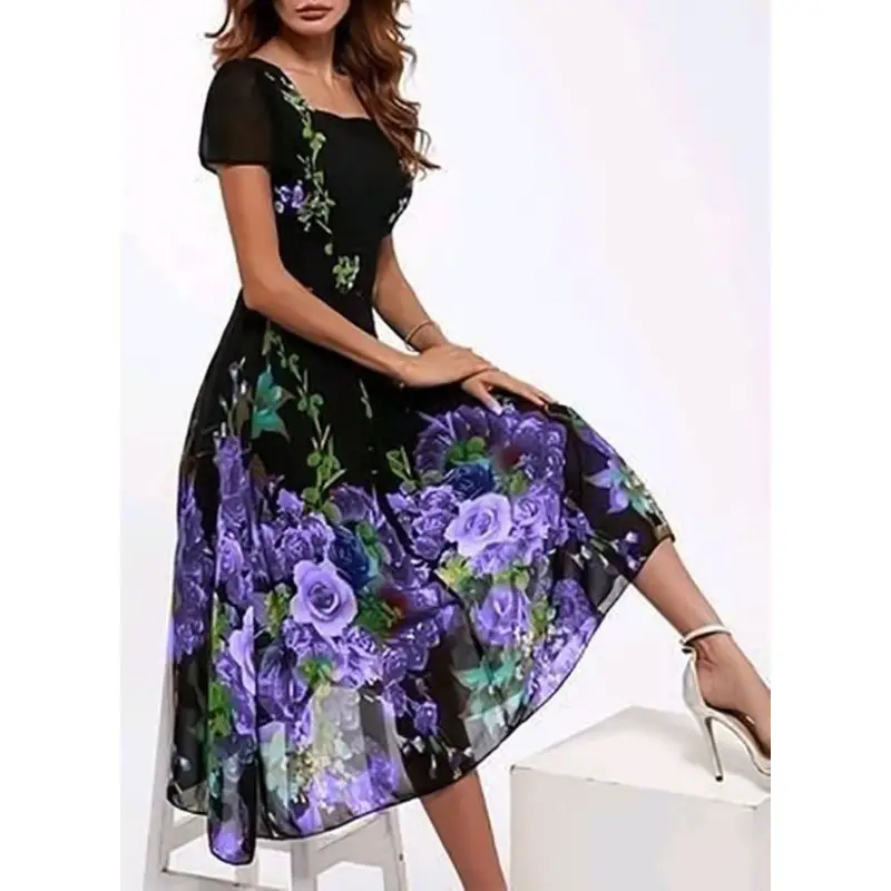 2021 Floral Print Midi Skirt Black with Pink White Flowers - Image 5