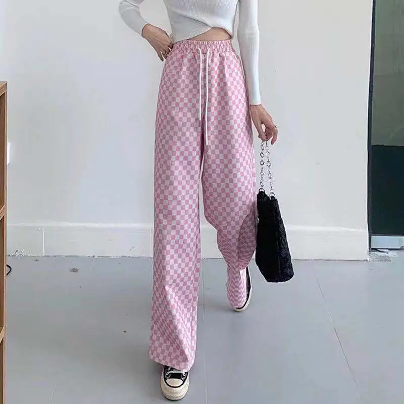 Women Wide Leg Straight Leg Pants Blue Checkered Summer 2022 - Image 3