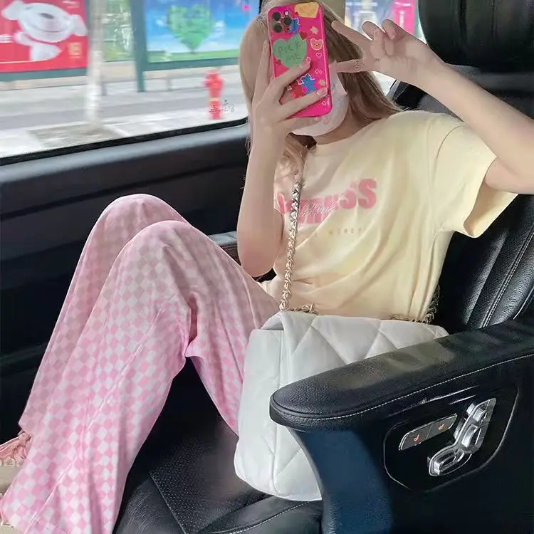 Women Wide Leg Straight Leg Pants Blue Checkered Summer 2022 - Image 6