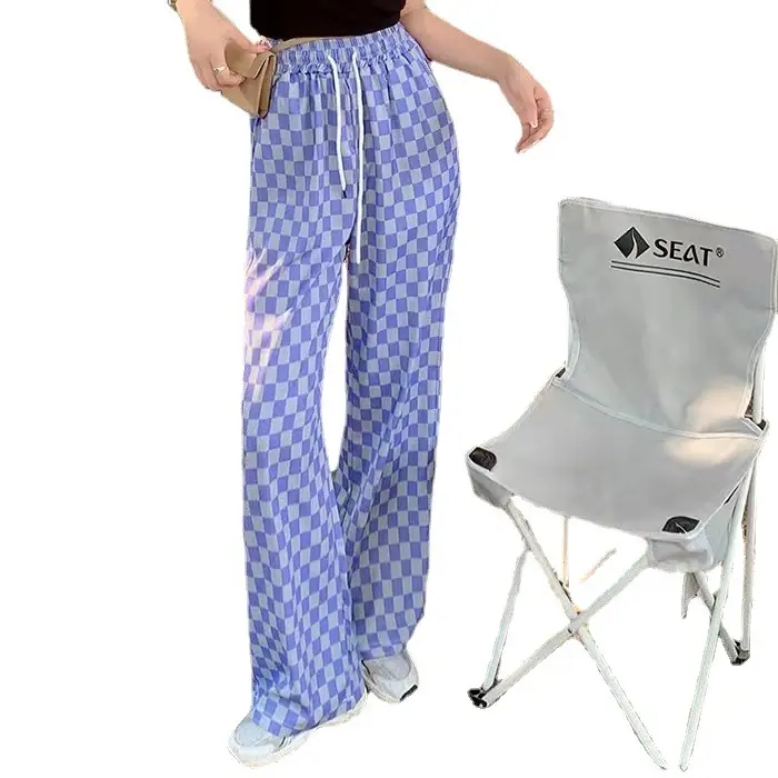 Women Wide Leg Straight Leg Pants Blue Checkered Summer 2022 - Image 7