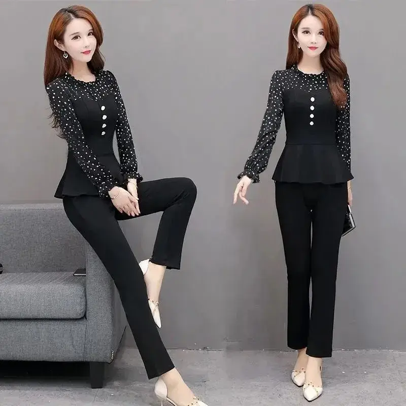 Women 2-Piece Black Lace Top & Slim Pants Suit - Image 4