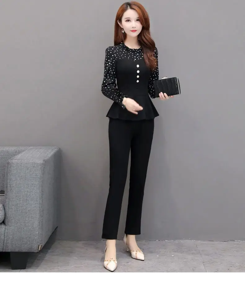 Women 2-Piece Black Lace Top & Slim Pants Suit — feature 11