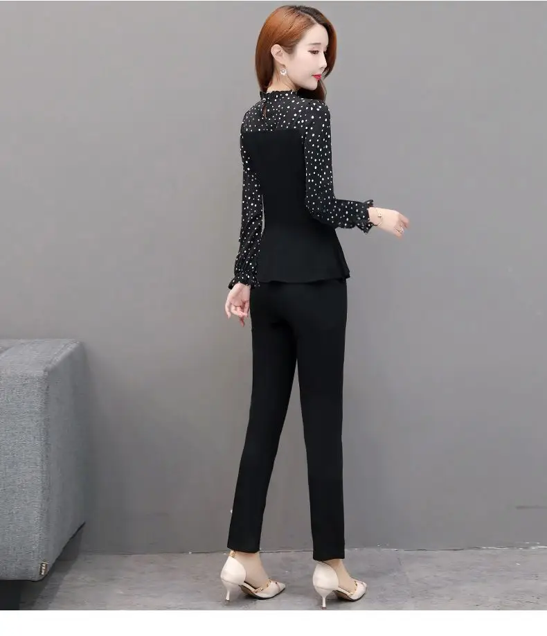 Women 2-Piece Black Lace Top & Slim Pants Suit — feature 12