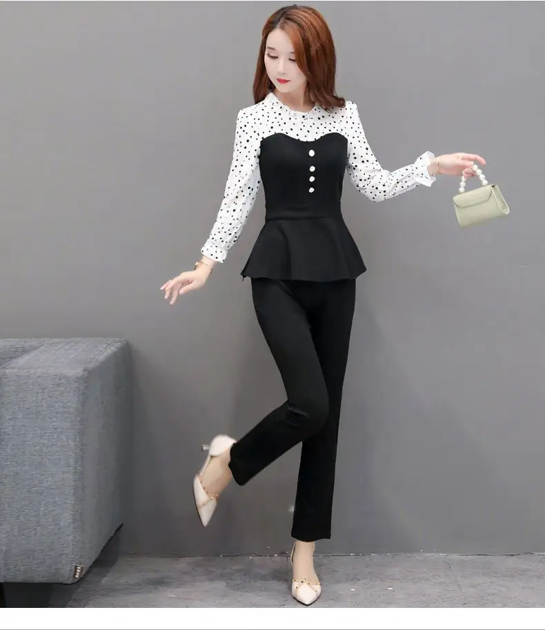 Women 2-Piece Black Lace Top & Slim Pants Suit — feature 13