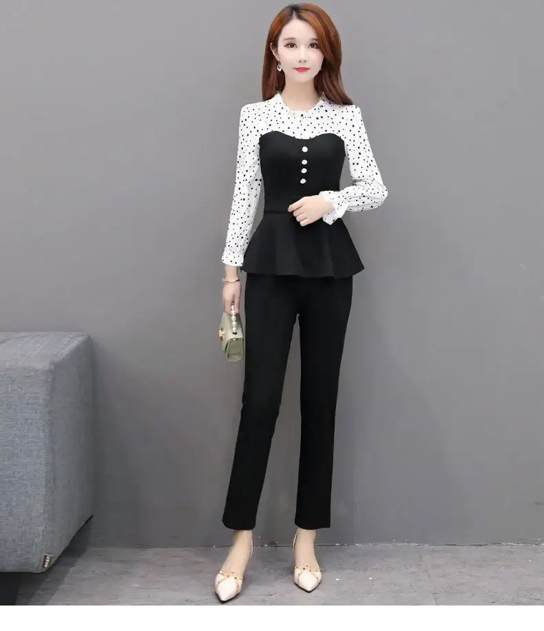 Women 2-Piece Black Lace Top & Slim Pants Suit — feature 14