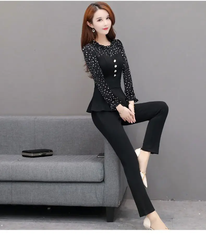 Women 2-Piece Black Lace Top & Slim Pants Suit — feature 3