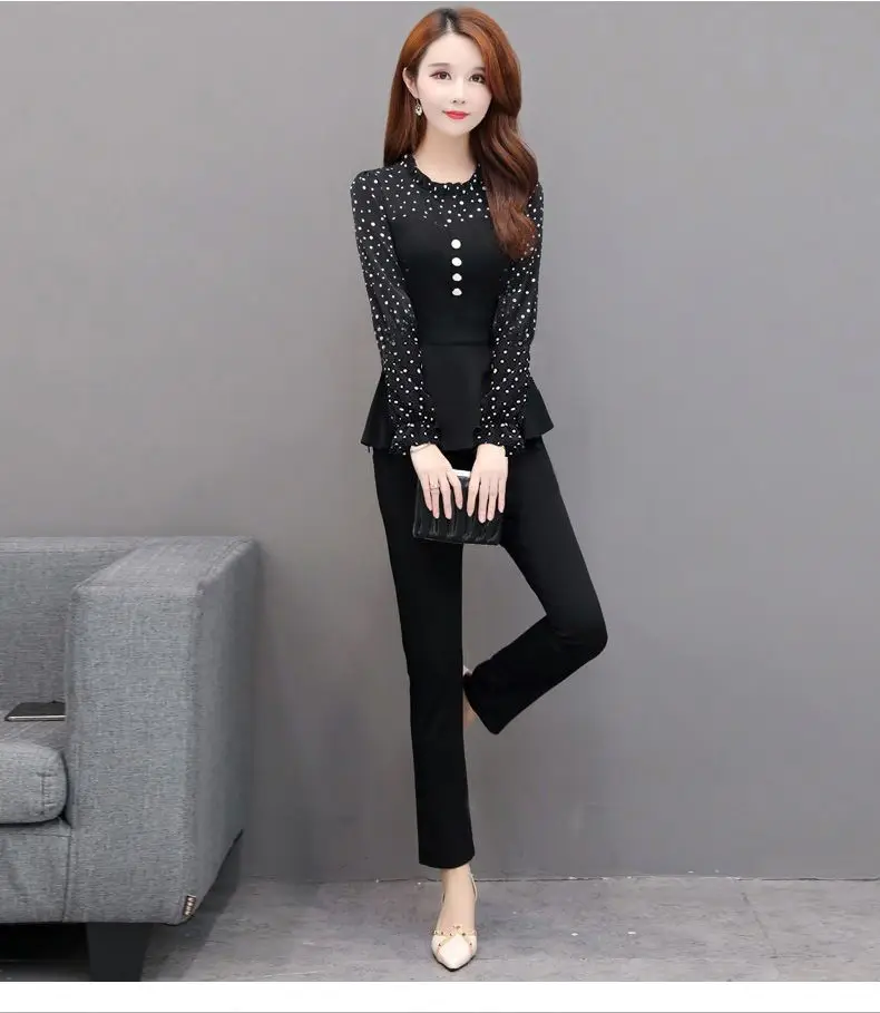 Women 2-Piece Black Lace Top & Slim Pants Suit — feature 7