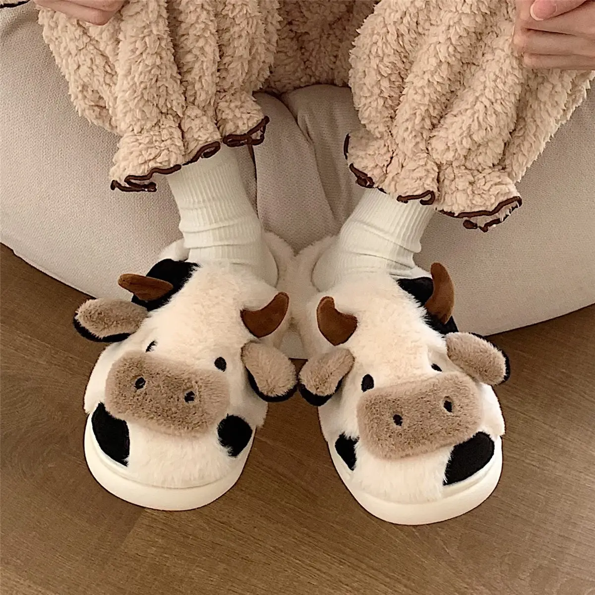 Cute Cow Fluffy Slippers for Women Winter - Image 4