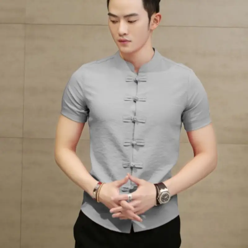 Men's 2025 Summer Button Collar Shirt Light Blue Slim Fit - Image 10