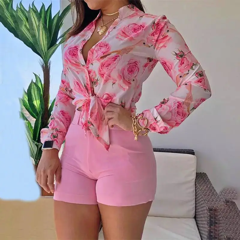 Pink Floral Cross-Border Women's Top with Shorts Set - Image 28