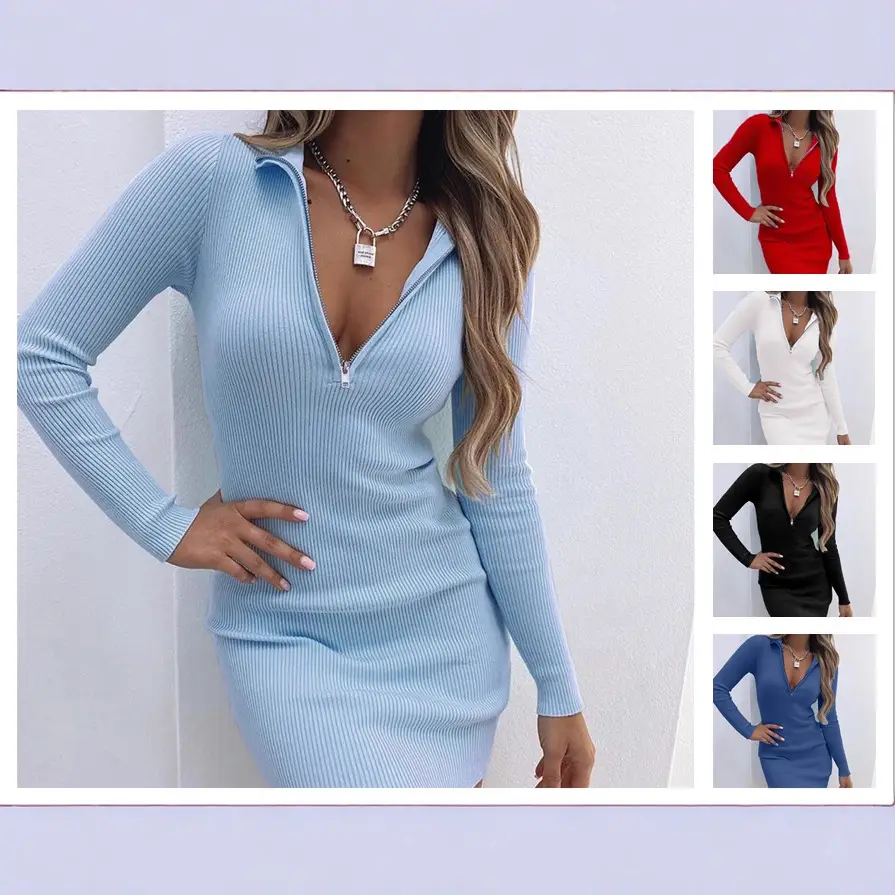 Black Long Sleeve V-Neck Dress with Zip Front - Image 7