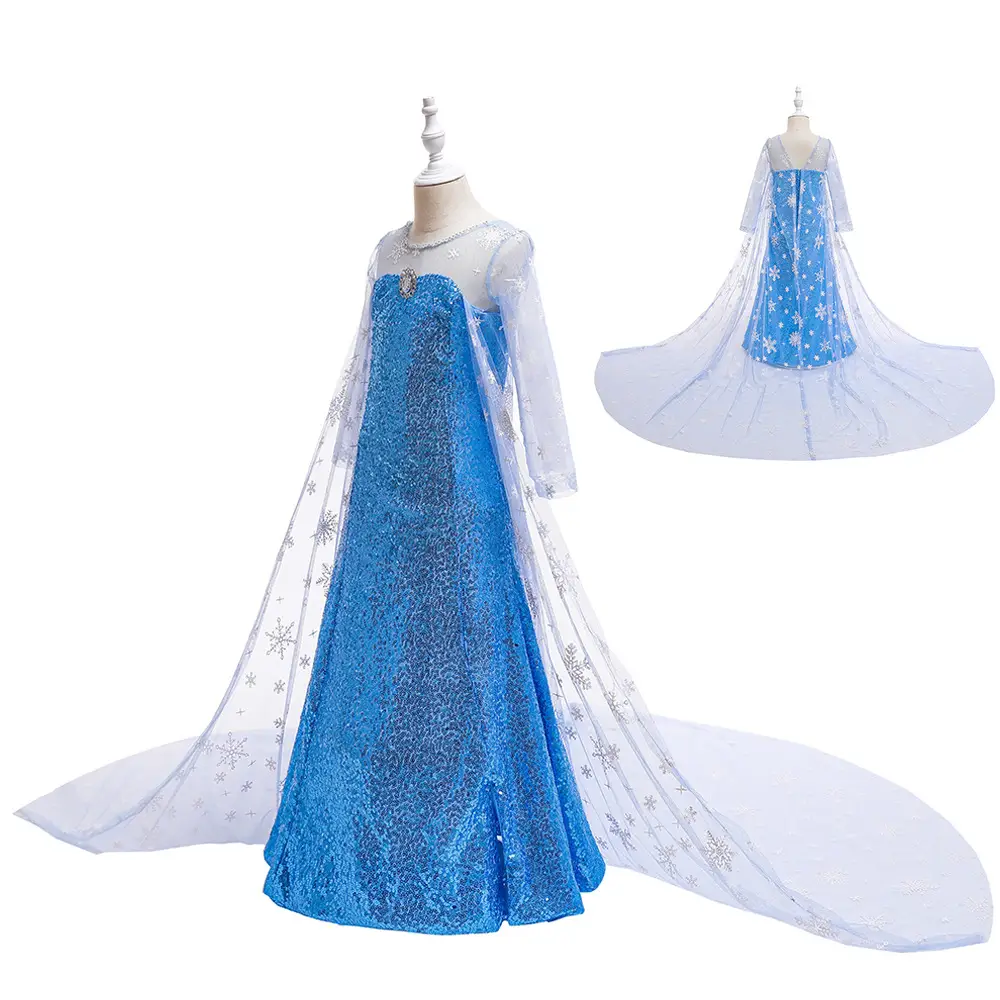 Blue Frozen Cartoon Dress for Girls Mesh Princess Cape - Image 14