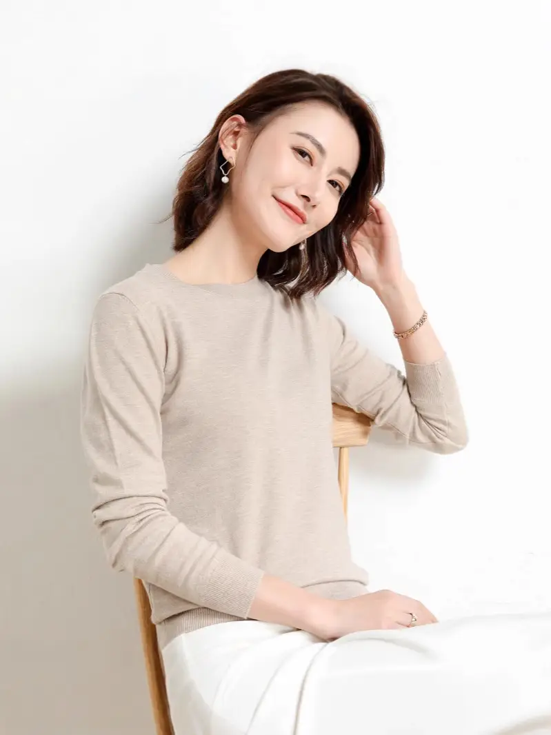 Women Knitted Round Neck Sweater Pink Autumn Winter