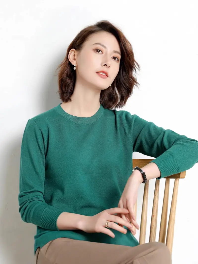 Women Knitted Round Neck Sweater Pink Autumn Winter