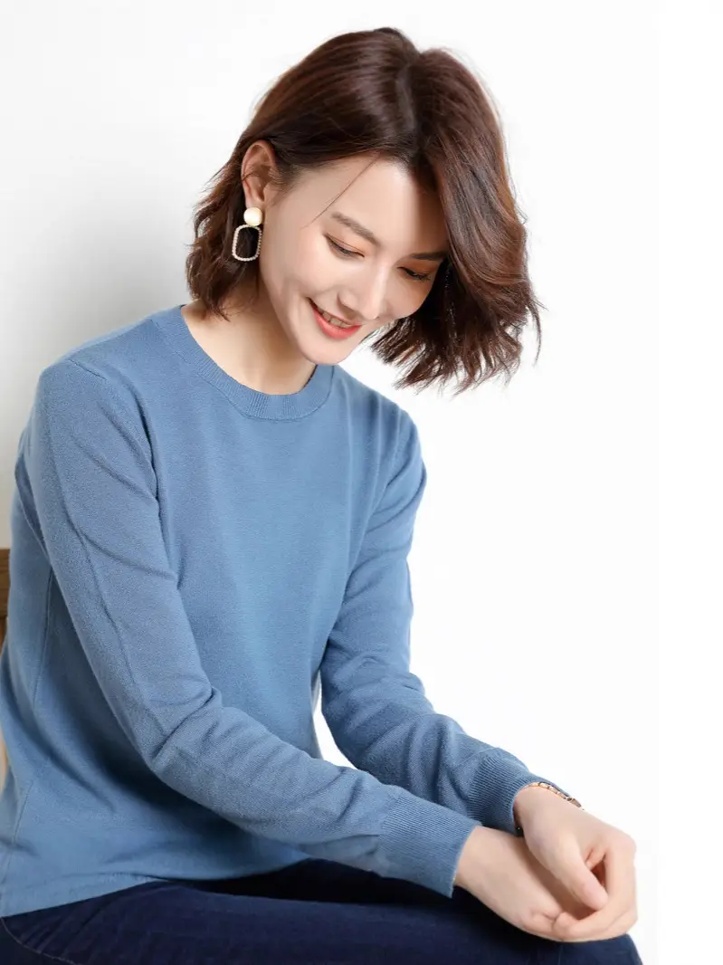 Women Knitted Round Neck Sweater Pink Autumn Winter