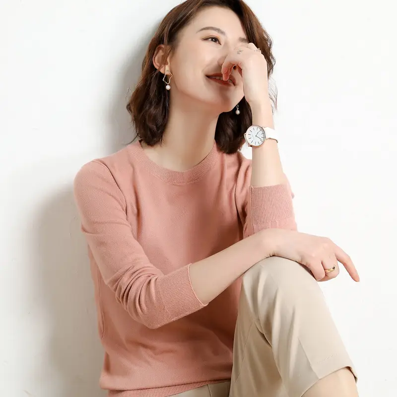 Women Knitted Round Neck Sweater Pink Autumn Winter
