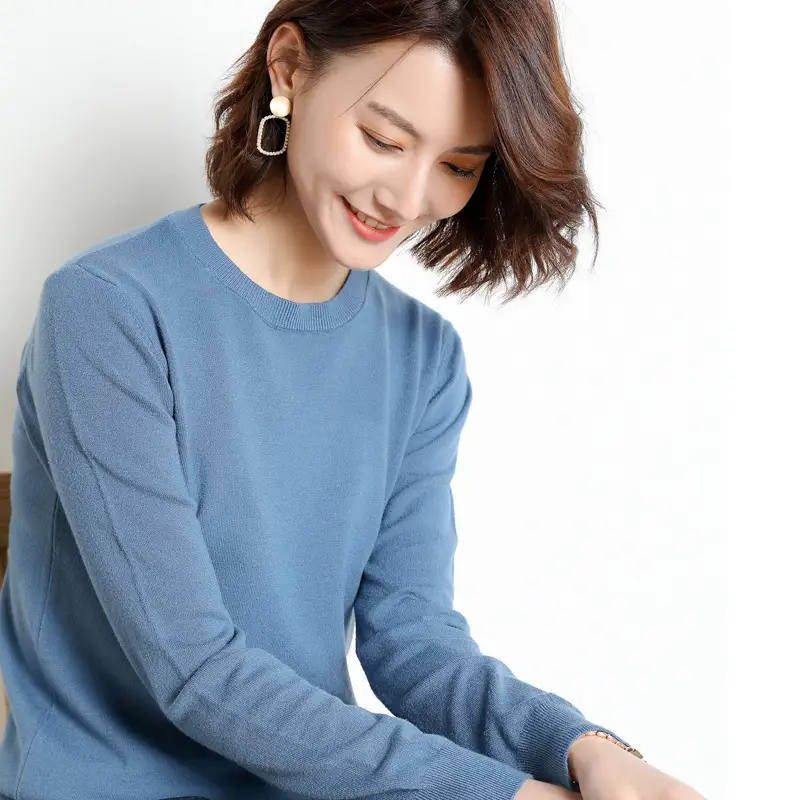 Women Knitted Round Neck Sweater Pink Autumn Winter