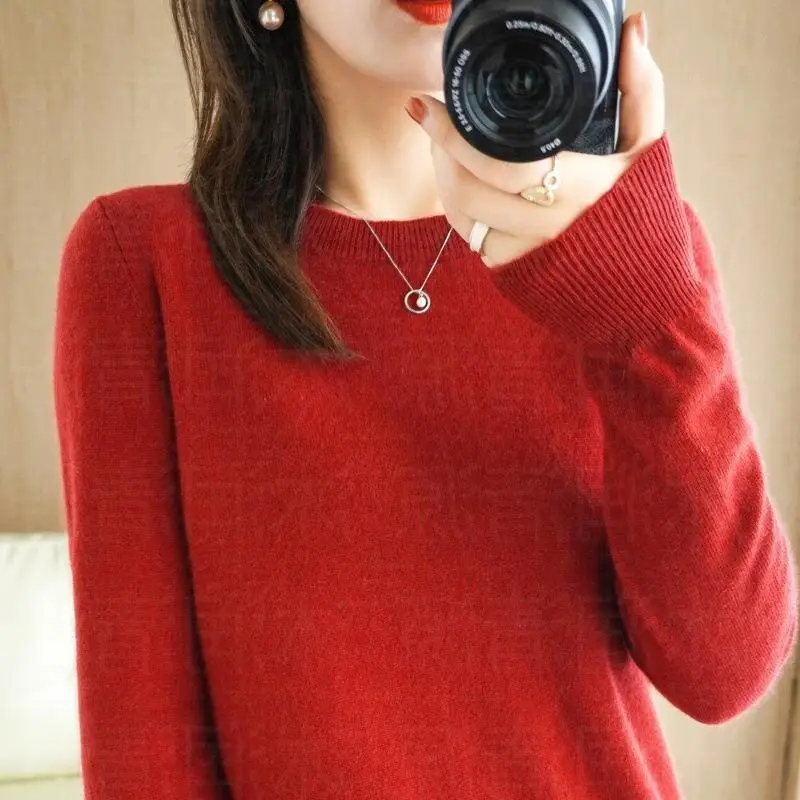 Women Knitted Round Neck Sweater Pink Autumn Winter