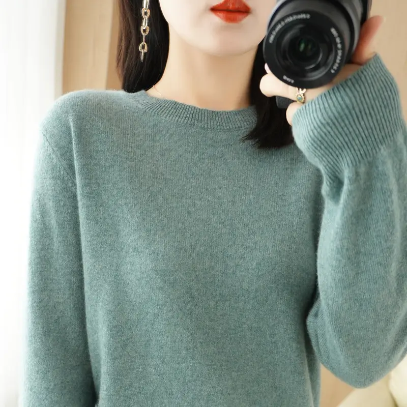 Women Knitted Round Neck Sweater Pink Autumn Winter