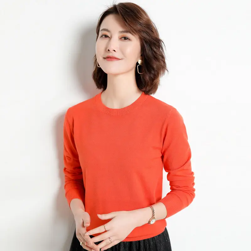 Women Knitted Round Neck Sweater Pink Autumn Winter