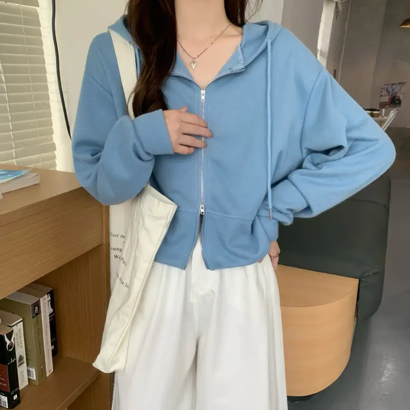 Women Pink Korean Hoodie Long Sleeve Zipper
