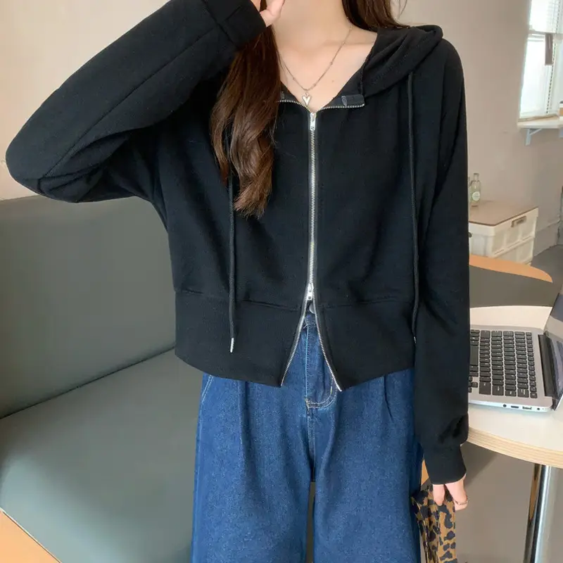 Women Pink Korean Hoodie Long Sleeve Zipper