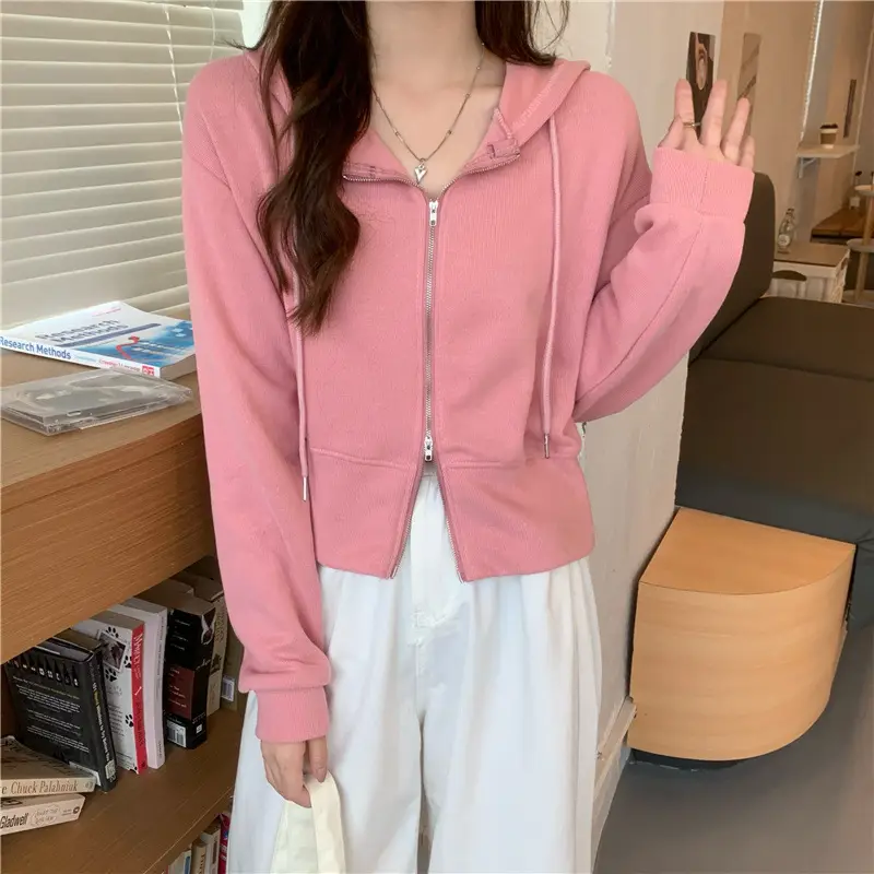 Women Pink Korean Hoodie Long Sleeve Zipper — feature 10