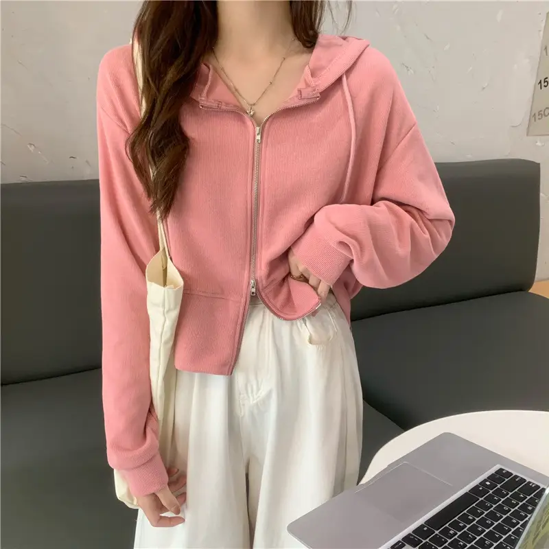 Women Pink Korean Hoodie Long Sleeve Zipper — feature 11
