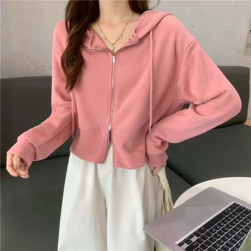 Women Pink Korean Hoodie Long Sleeve Zipper — feature 12