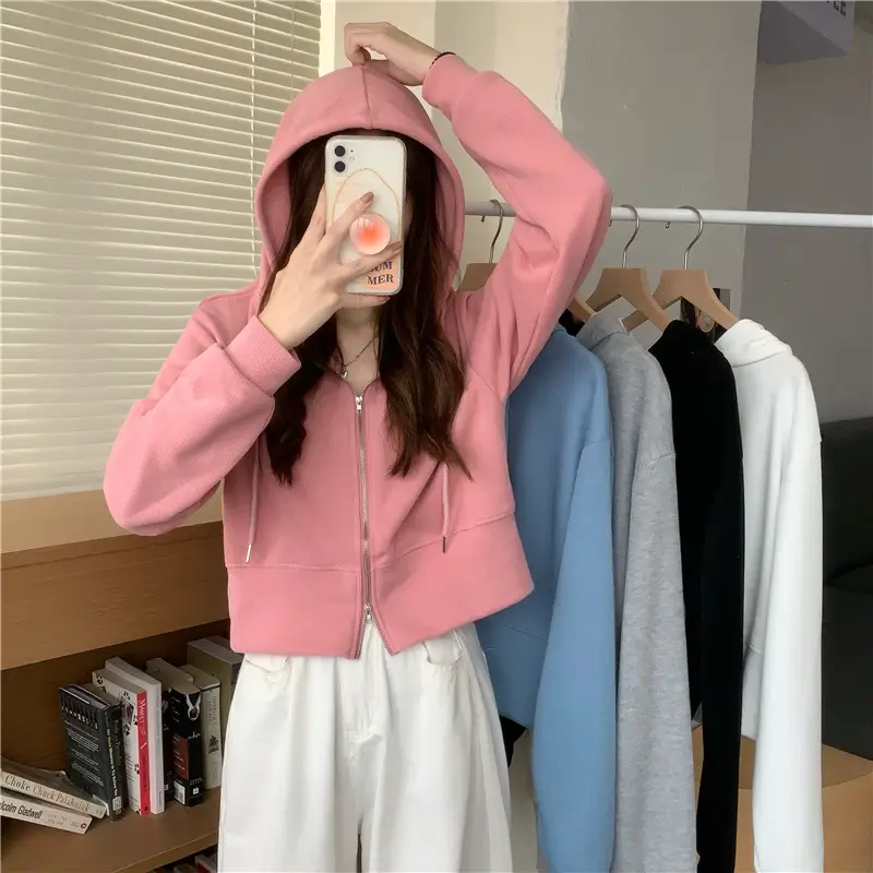 Women Pink Korean Hoodie Long Sleeve Zipper — feature 2