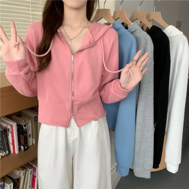 Women Pink Korean Hoodie Long Sleeve Zipper — feature 3