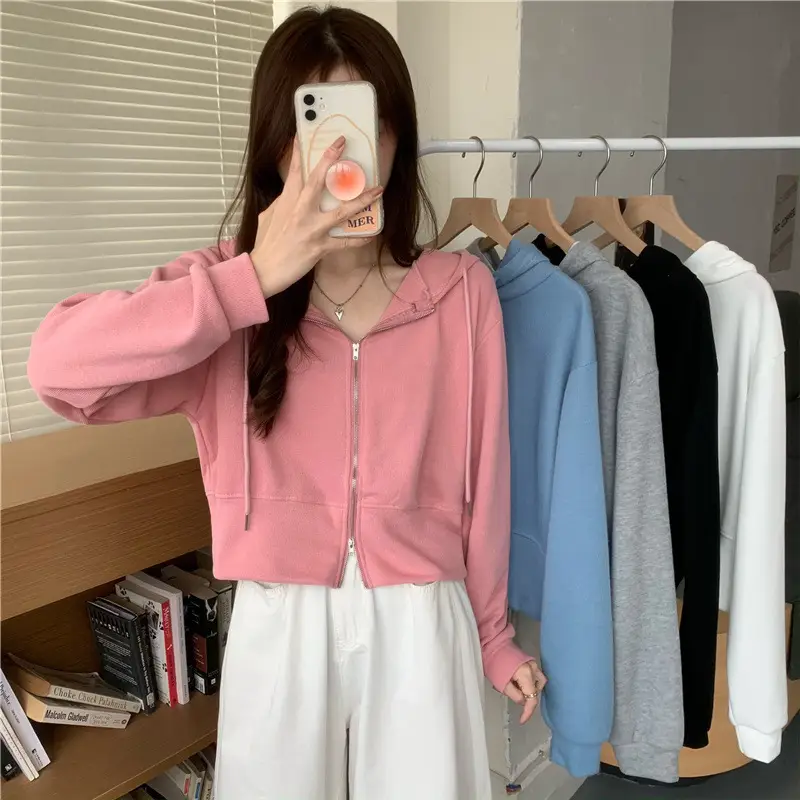 Women Pink Korean Hoodie Long Sleeve Zipper — feature 4