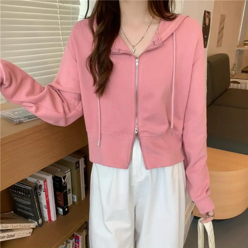 Women Pink Korean Hoodie Long Sleeve Zipper — feature 8