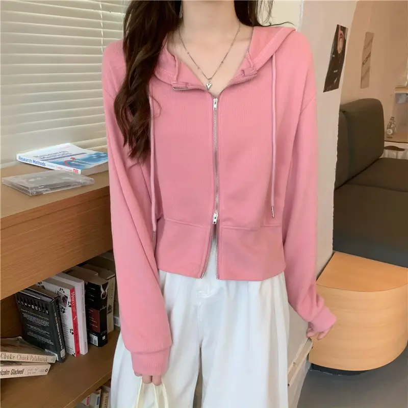 Women Pink Korean Hoodie Long Sleeve Zipper — feature 9