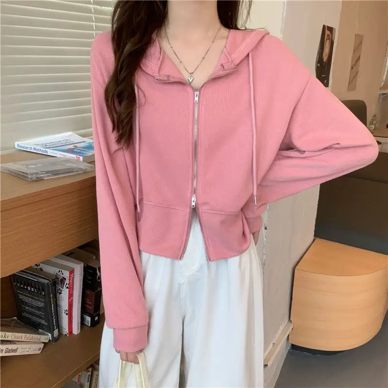 Women Pink Korean Hoodie Long Sleeve Zipper
