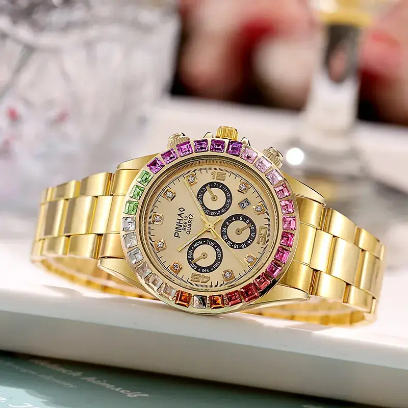 Prima Mobile Gold Watch with Rainbow Rhinestones - Image 6
