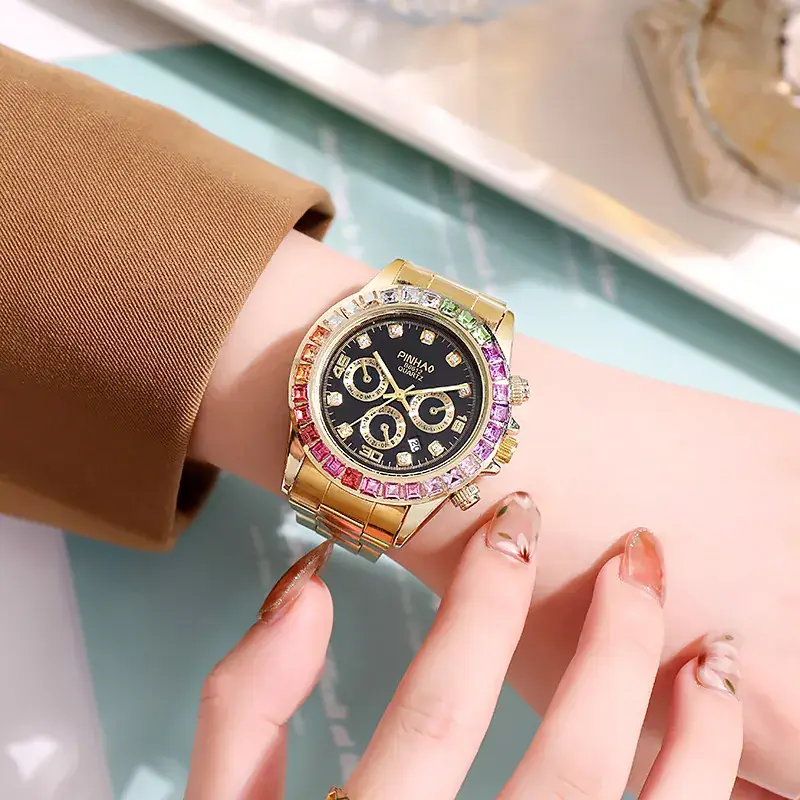 Prima Mobile Gold Watch with Rainbow Rhinestones - Image 7